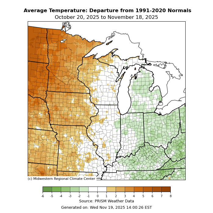 Temperature departure from normal