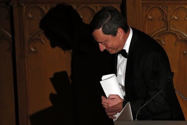 European Central Bank President Mario Draghi leaves the stage after delivering a speech on the future of Europe. (Photo by Stefan Wermuth- WPA Pool/Getty Images)