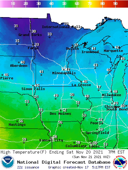 Forecast high temperatures Saturday