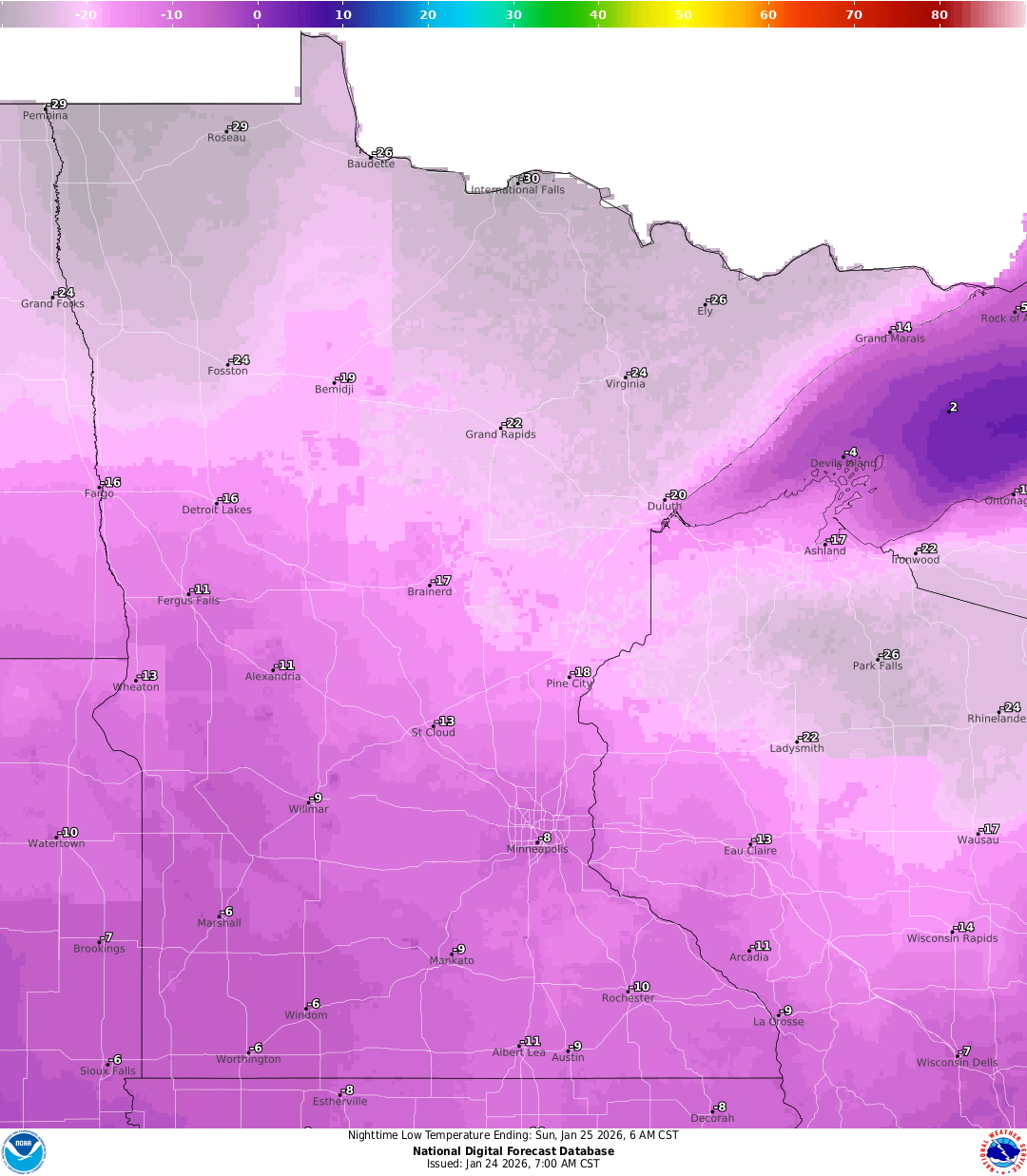 Lows for Saturday night
