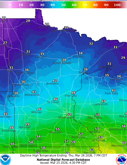 Forecast high temperatures Thursday