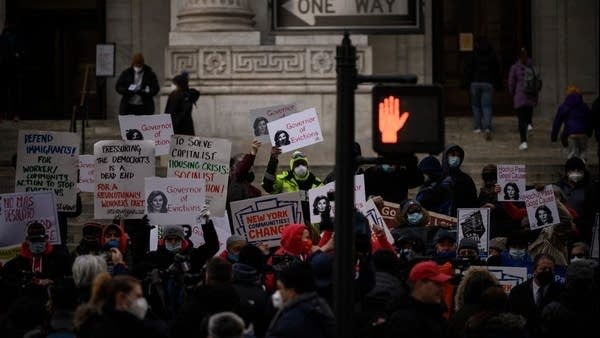 Protesters block a road outside the governors office following a march calling for an extension to the eviction moratorium on January 14, 2022 in New York, New York. The moratorium expired on Saturday, Jan. 15.