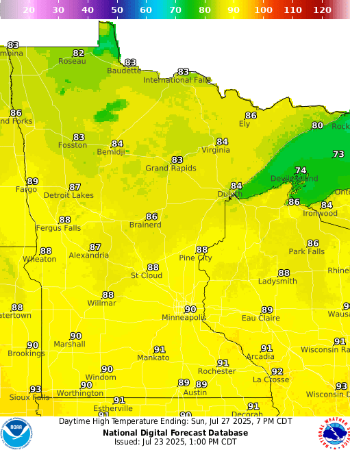 Forecast high temperatures Sunday