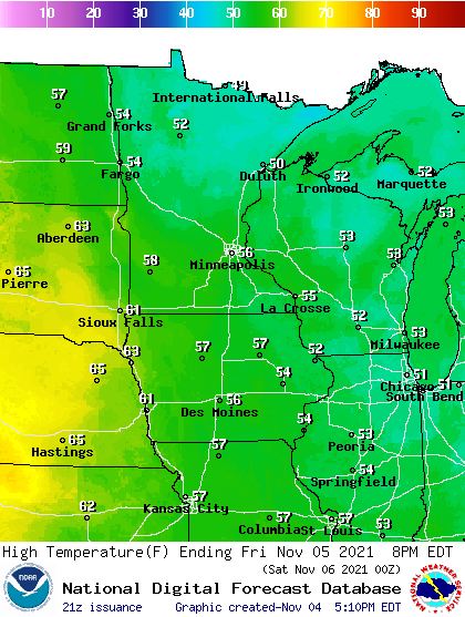 Forecast high temperatures Friday