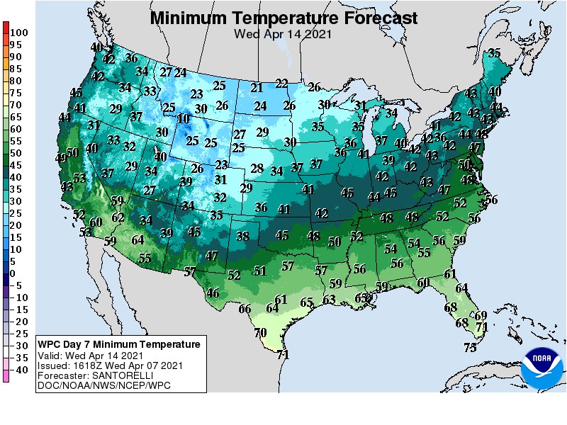 Forecast minimum temps Wednesday, April 14