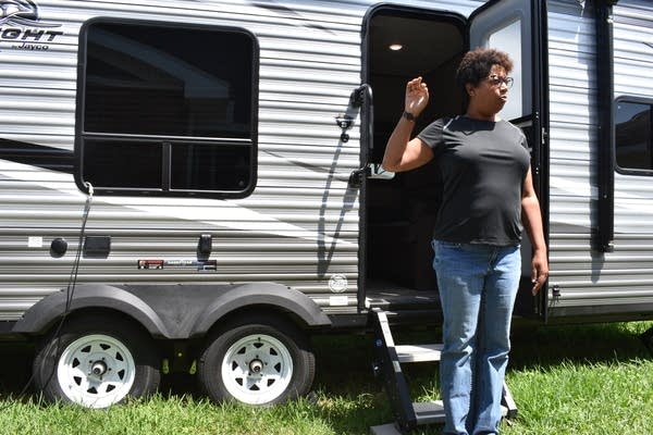 Danielle Guillory outside the family camper in July 2021.