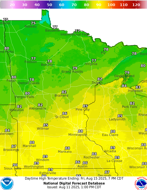 Forecast high temperatures Friday