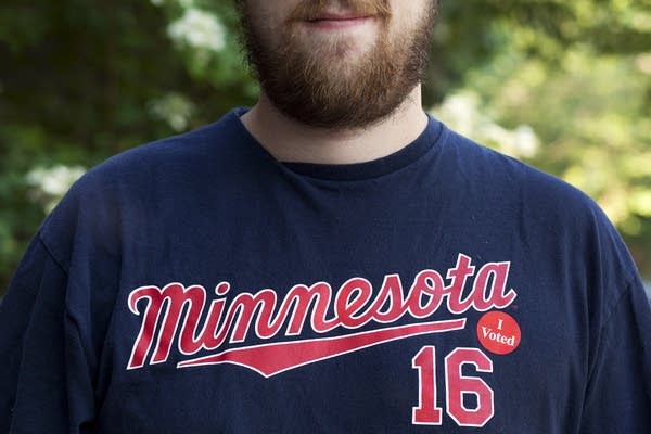 Minneapolis resident wears "I voted" sticker