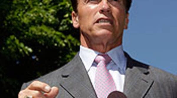 California Gov. Arnold Schwarzenegger talks to reporters near the U.S. Capitol in Washington, D.C. about his state's budget cuts. (Photo by