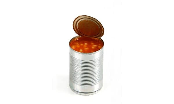 An open tin can of beans (no label) on a white background.