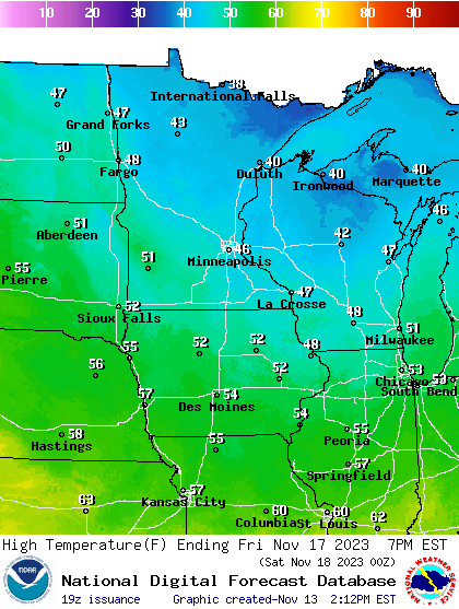 Forecast high temperatures Friday