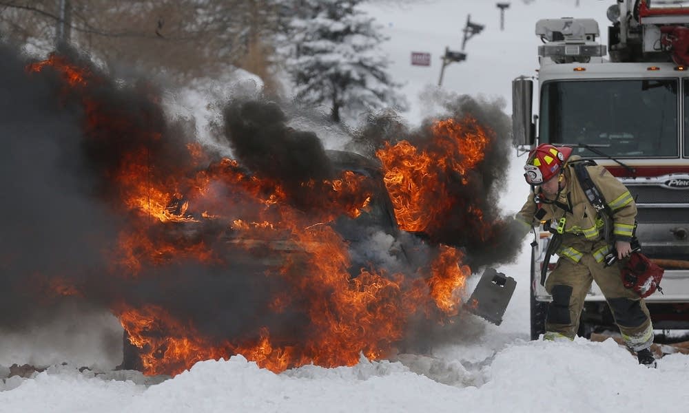 Snowbound, burning vehicle in Kansas