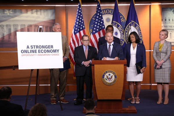 Rep. David Cicilline, D-R.I., speaks during a news conference at the U.S. Capitol on June 16, 2021 in Washington, D.C. The group of House members held the news conference to outline bipartisan legislation aimed at regulating companies with perceived monopolies in various sectors of the internet economy.
