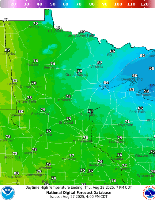 Forecast high temperatures Thursday