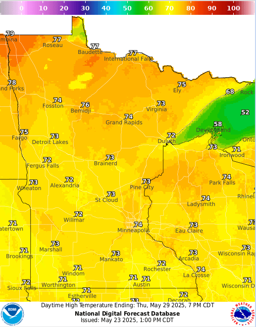 Forecast high temperatures Thursday