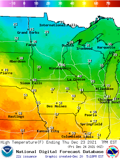 Forecast high temperatures Thursday