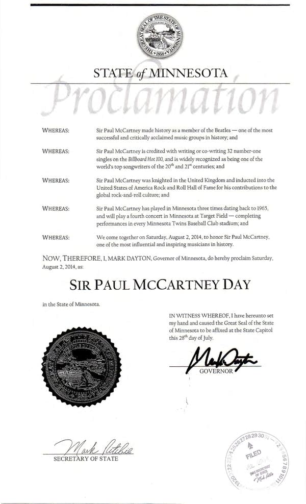 State of Minnesota declares August 2 Sir Paul McCartney Day