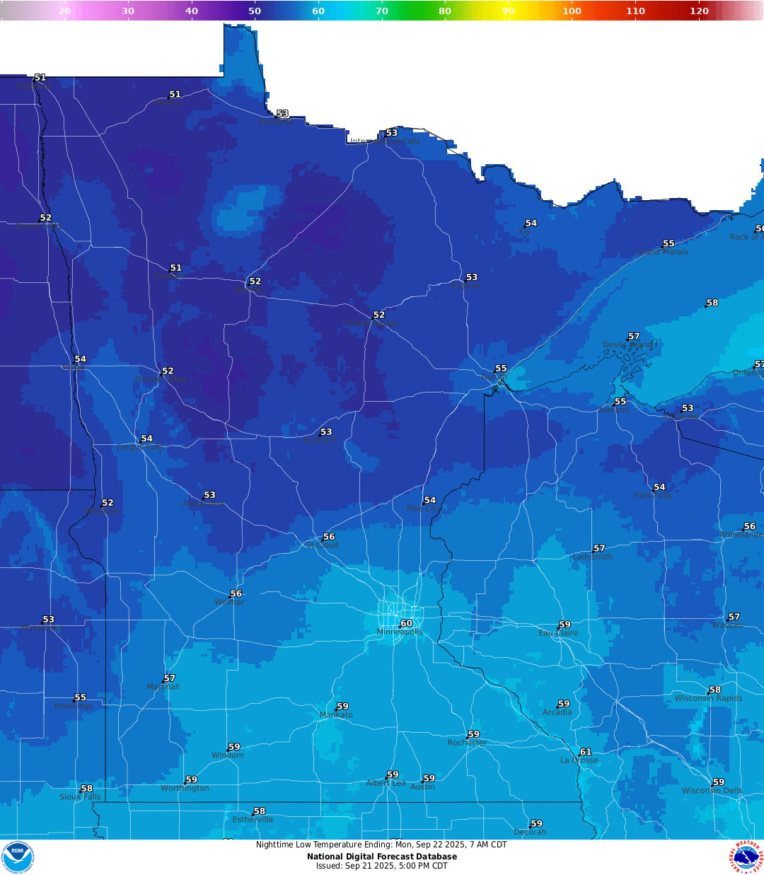 Lows for Sunday night