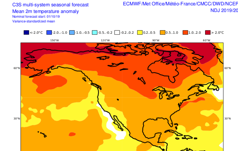 C3S multi system winter temperature anomaly forecast
