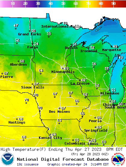 Forecast high temperatures Wednesday