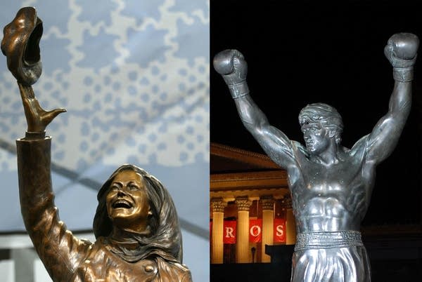 The statue honoring Mary Tyler Moore was unveiled May 8, 2002 in Minneapolis. The Rocky statue rests in front of the Philadelphia Museum of Art.