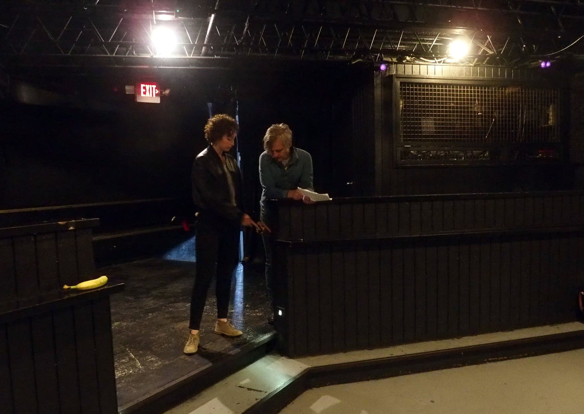 Chris Larson and Jordan Rosenow measure a step.