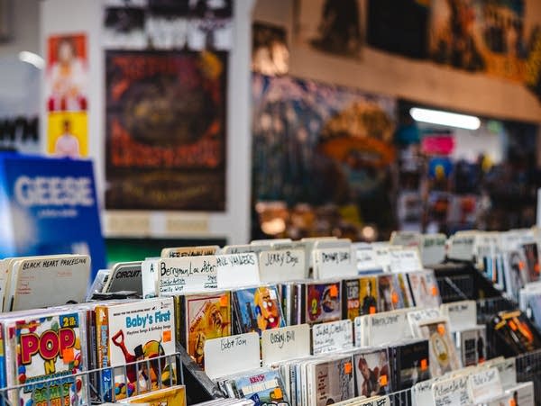 CDs on display at Tune Town record store in Mankato, Minnesota, on Wednesday, April 8, 2026.