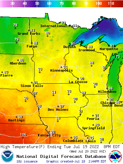 Forecast high temperatures Tuesday
