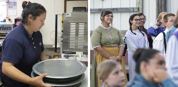 At left, a girl holds pizza pans. At right, people wear in pioneer clothes