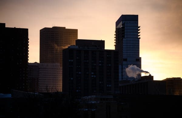 Part of the skyline in Minneapolis during a sunset