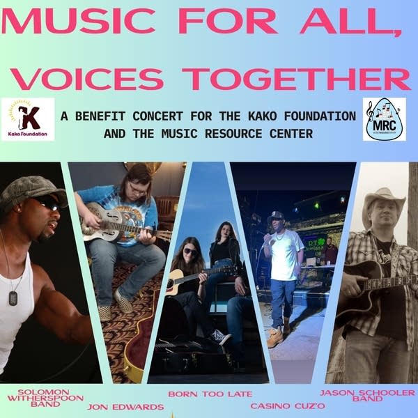 Green and blue poster with pink text that reads, "Music for all, voices together."