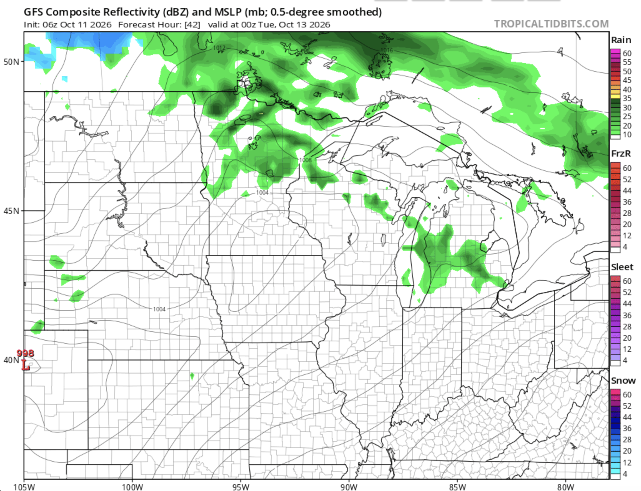 A white map with green weather patterns overlaid to the north.