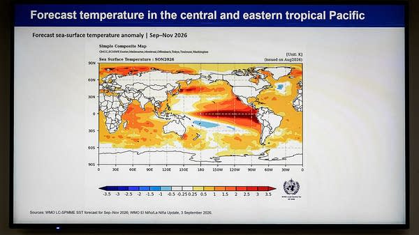 A presentation slide on this year's El Niño from the World Meteorological Organization at a conference in Geneva. 