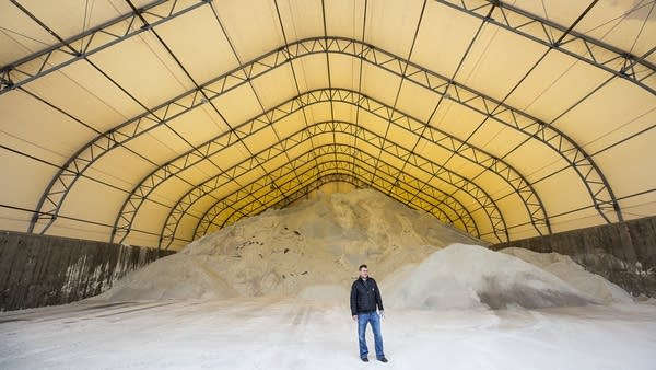 Piles of rock salt mined from the Great Lakes and the Gulf of Mexico.