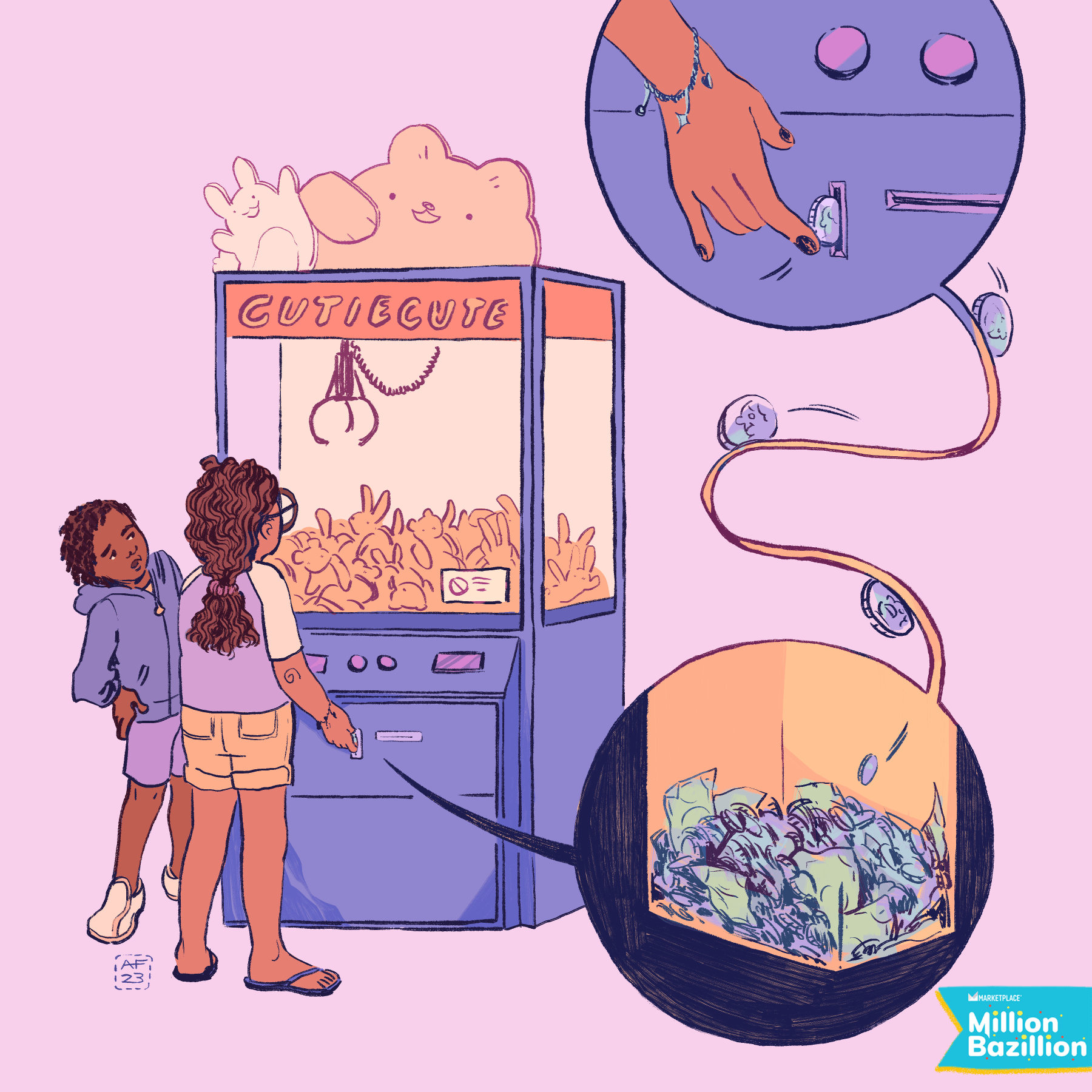 Two kids standing in front of a claw machine
