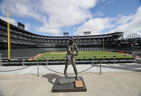 Astatue of Chicago White Sox Hall of Fame player Harold Baines is seen in the outfield of Guaranteed Rate Feld, home of the White Sox, on May 08, 2020 in Chicago, Illinois. 
