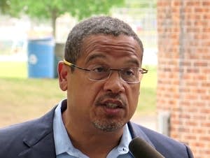 Keith Ellison takes questions from reporters.