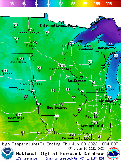 Forecast high temperatures Thursday