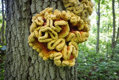 A crocheted fungi hangs on a tree.