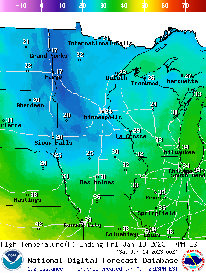 Forecast high temperatures Friday