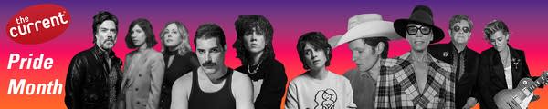 Banner featuring musicians in black and white with rainbow background.
