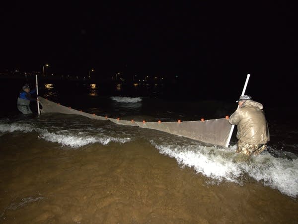 Two anglers hold on to a net