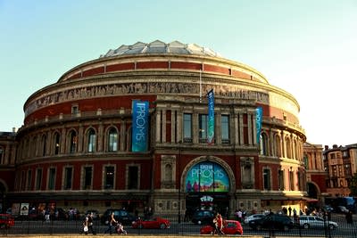 Exterior of the Royal Albert Hall, a large, circular, domed building