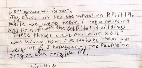 A letter of apology for stealing a pen and a nut