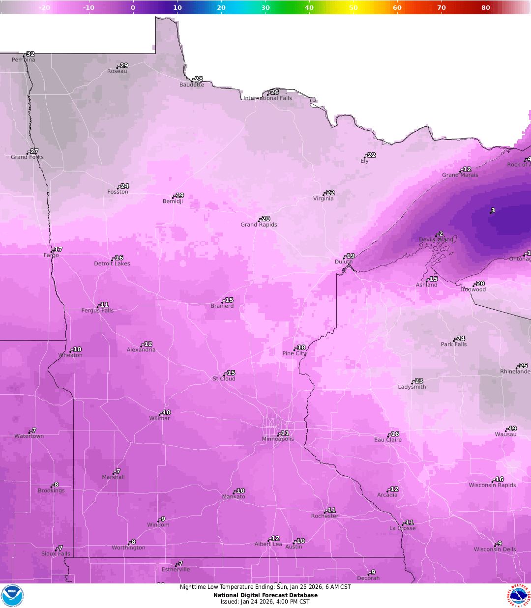 Lows for Saturday night