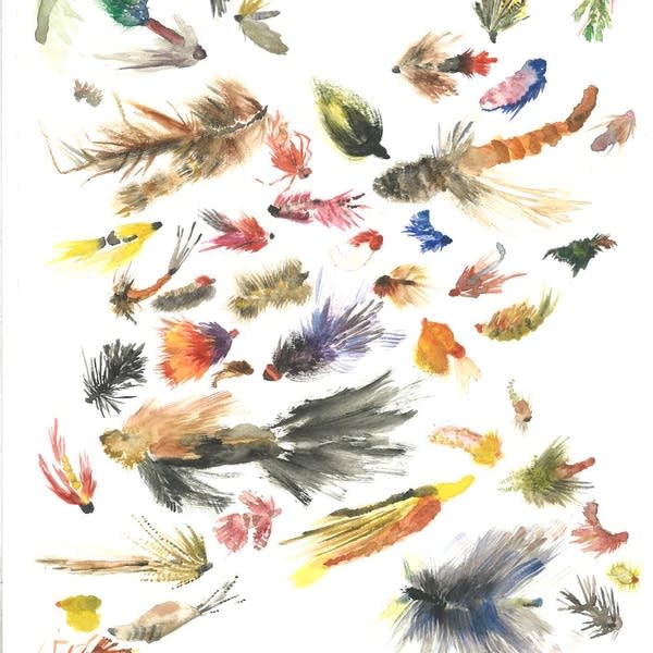 A watercolor painting of figures that look like insects and fish on a white background.