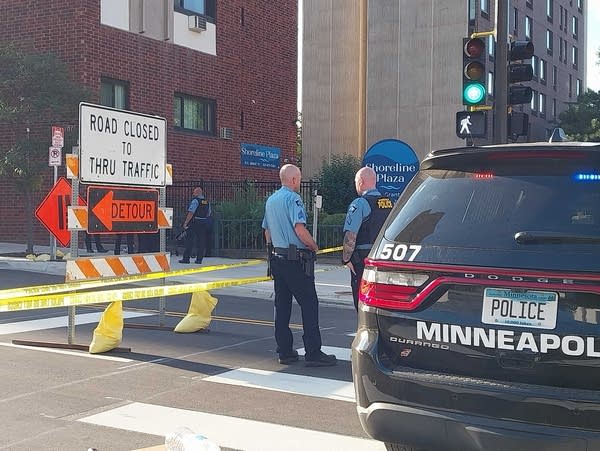 Police tape outside a downtown building