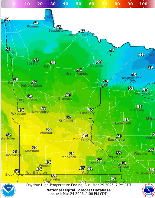 Forecast high temperatures Sunday 