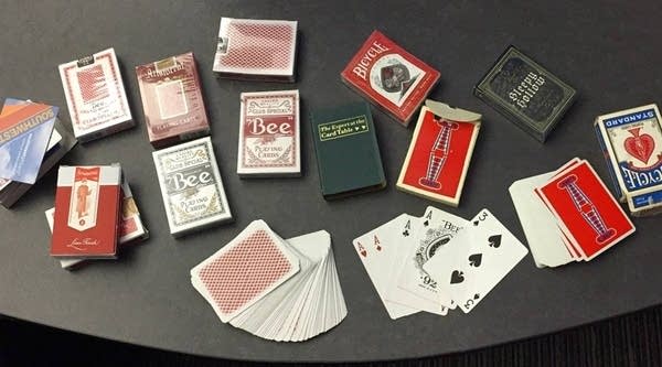 Pictured from left to right: Southwest Airlines playing cards, Aristocrat playing cards, Bee Stingers playing cards, Jerry's Nugget playing cards, Sleepy Hollow playing cards, Bicycle playing cards.