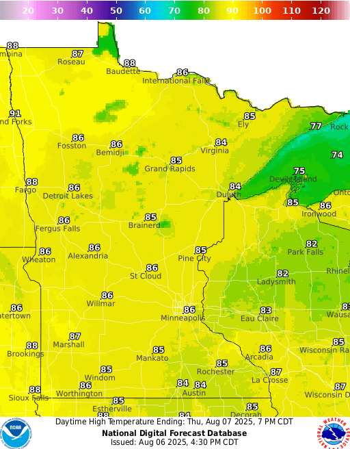 Forecast high temperatures Thursday
